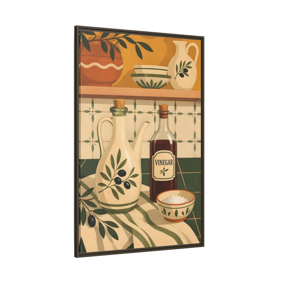 Side Mockup 8. Nature Kitchenware Green And Beige shown as framed canvas print