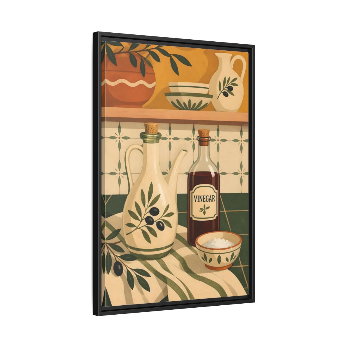 Side Mockup 14. Nature Kitchenware Green And Beige shown as framed canvas print