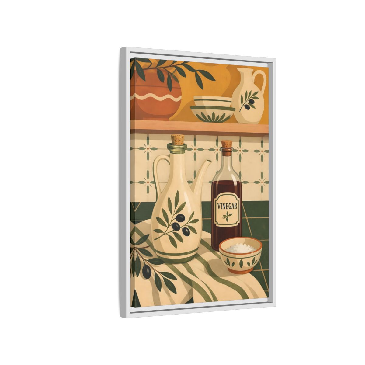 Side Mockup 1. Nature Kitchenware Green And Beige shown as framed canvas print