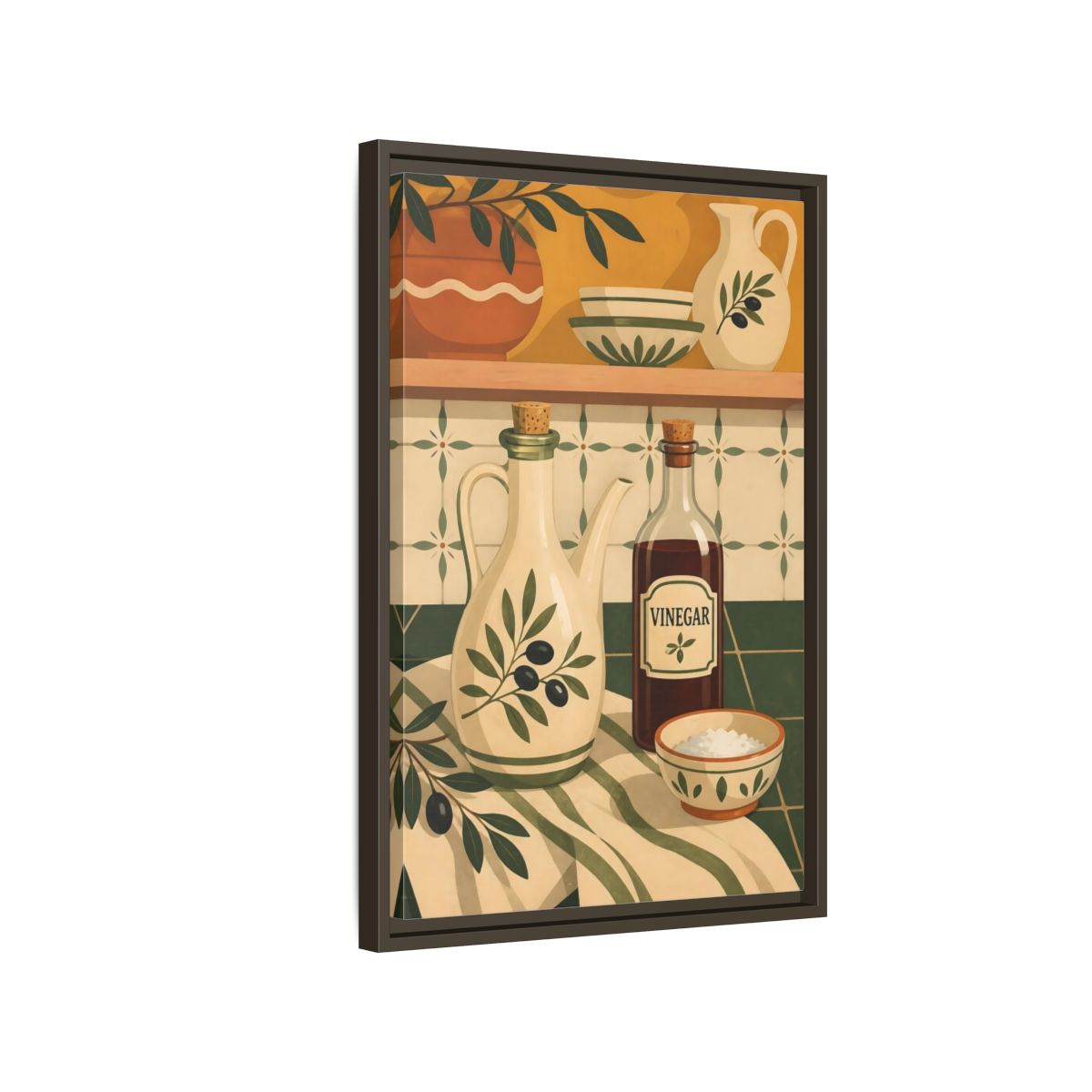 Side Mockup 2. Nature Kitchenware Green And Beige shown as framed canvas print