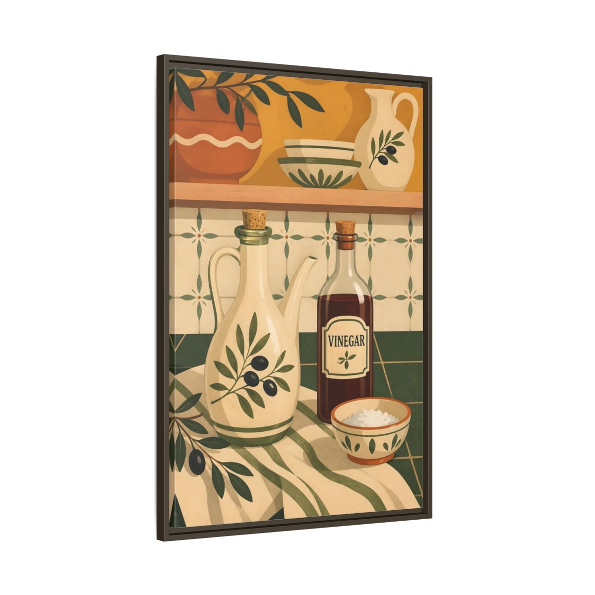 Main Mockup. Nature Kitchenware Green And Beige shown as framed canvas print