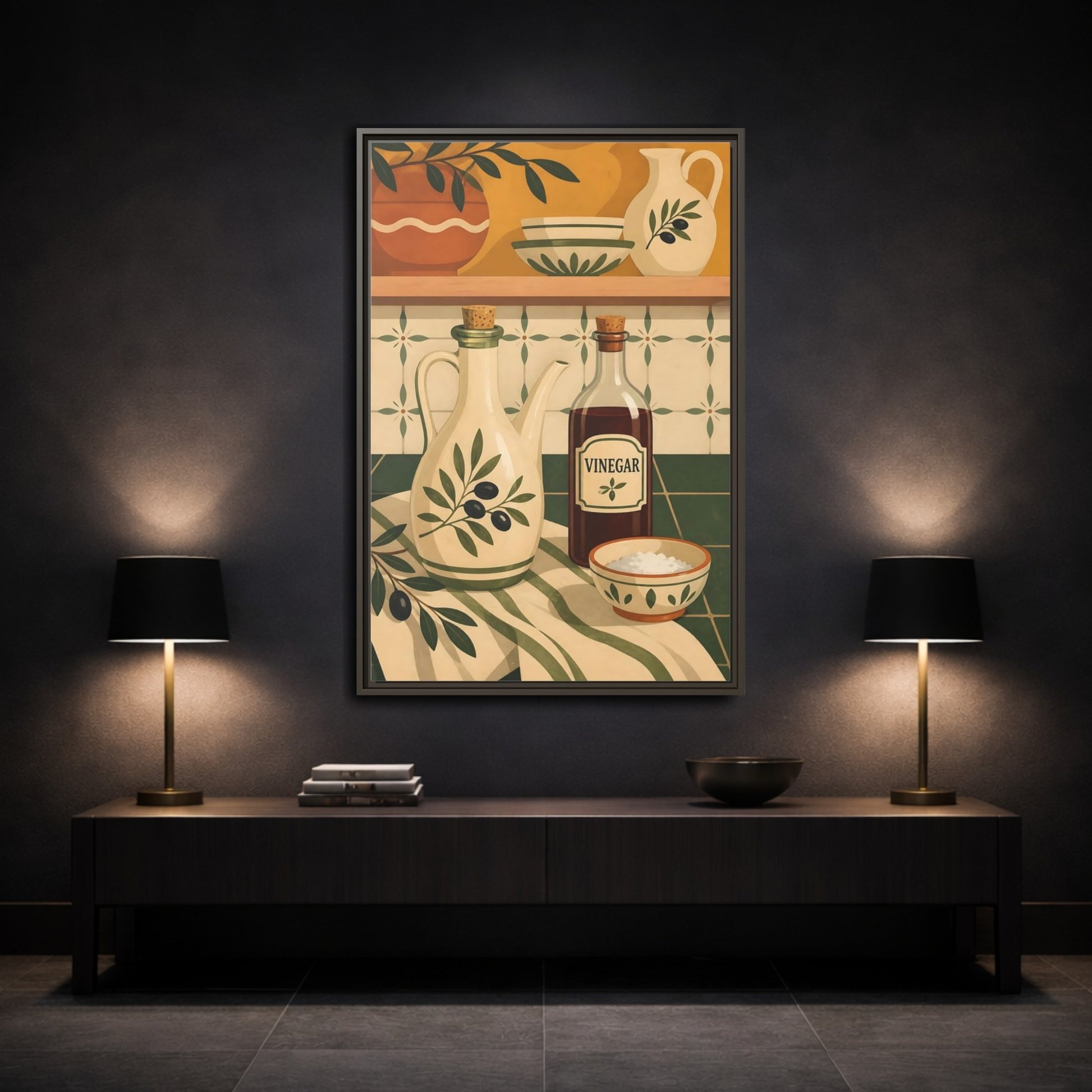 Mockup 2. Nature Kitchenware Green And Beige shown as framed canvas print