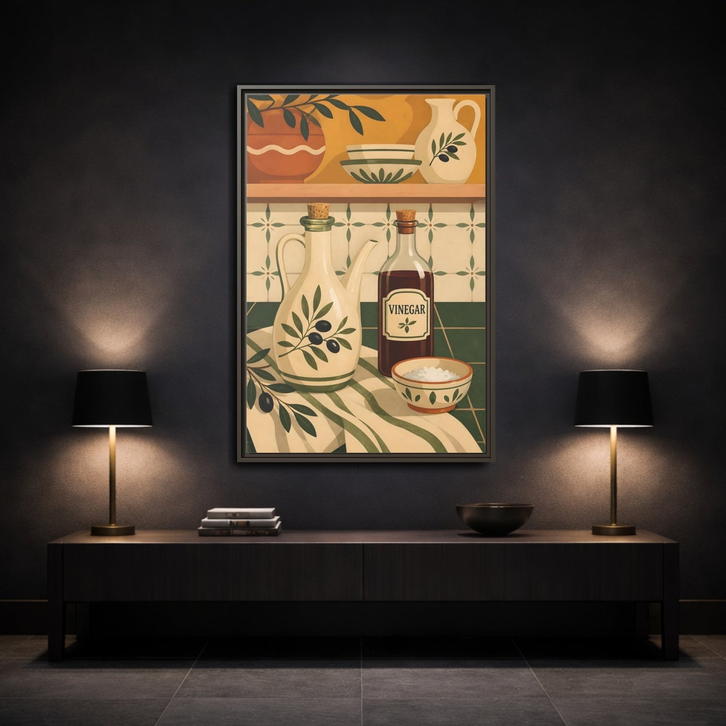 Mockup 3. Nature Kitchenware Green And Beige shown as framed canvas print