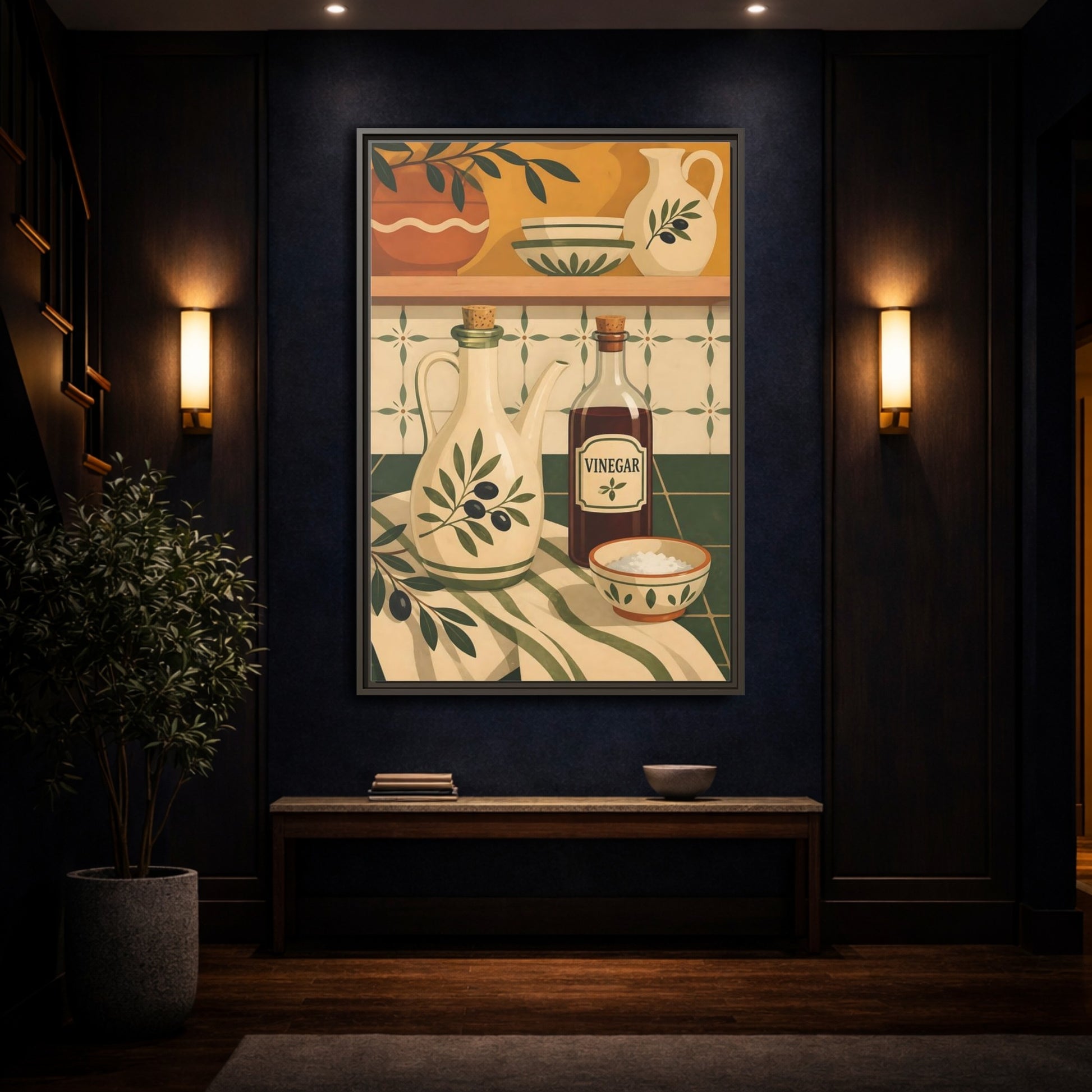 Mockup 4. Nature Kitchenware Green And Beige shown as framed canvas print