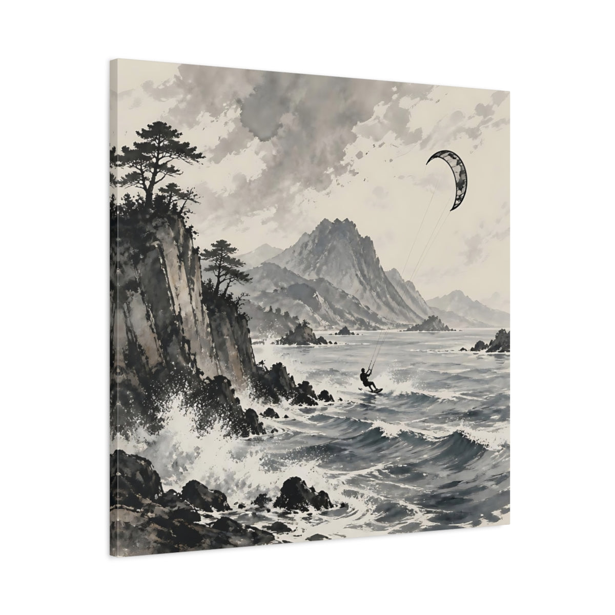 Main Mockup. Nature Kitesurfer Grey And Black shown as stretched canvas wall art