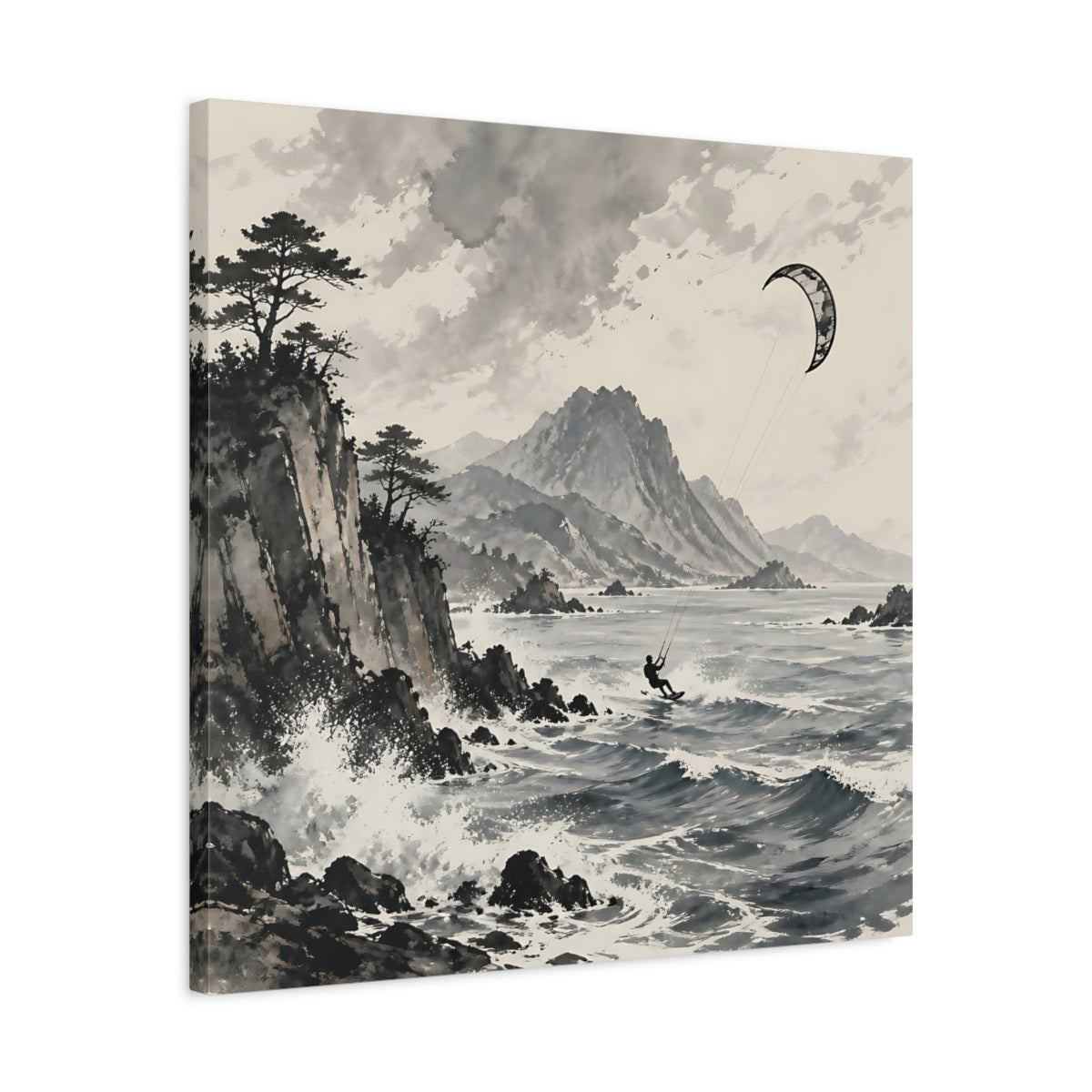 Side Mockup 4. Nature Kitesurfer Grey And Black shown as stretched canvas wall art