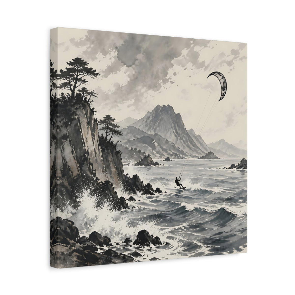 Side Mockup 6. Nature Kitesurfer Grey And Black shown as stretched canvas wall art