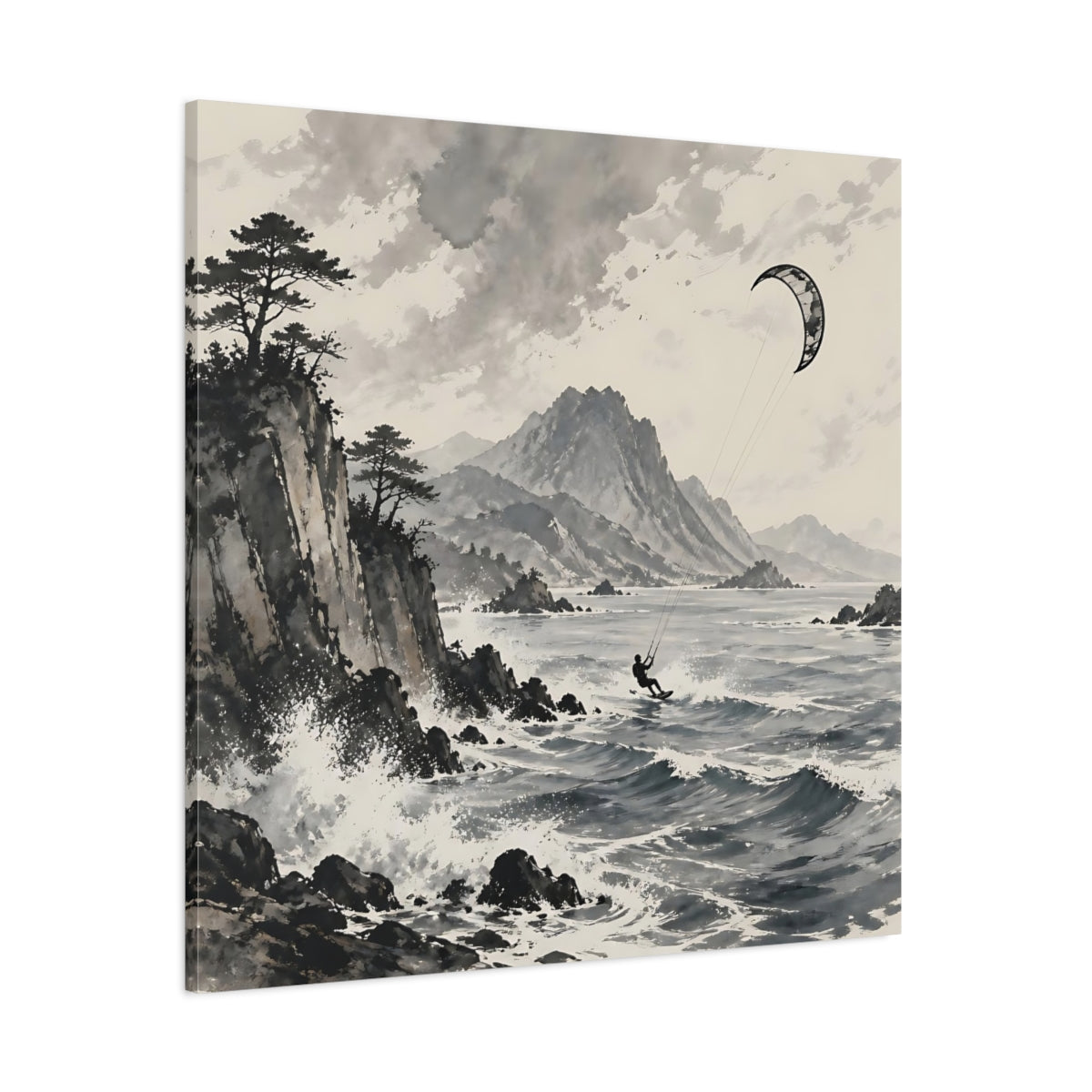 Side Mockup 1. Nature Kitesurfer Grey And Black shown as stretched canvas wall art