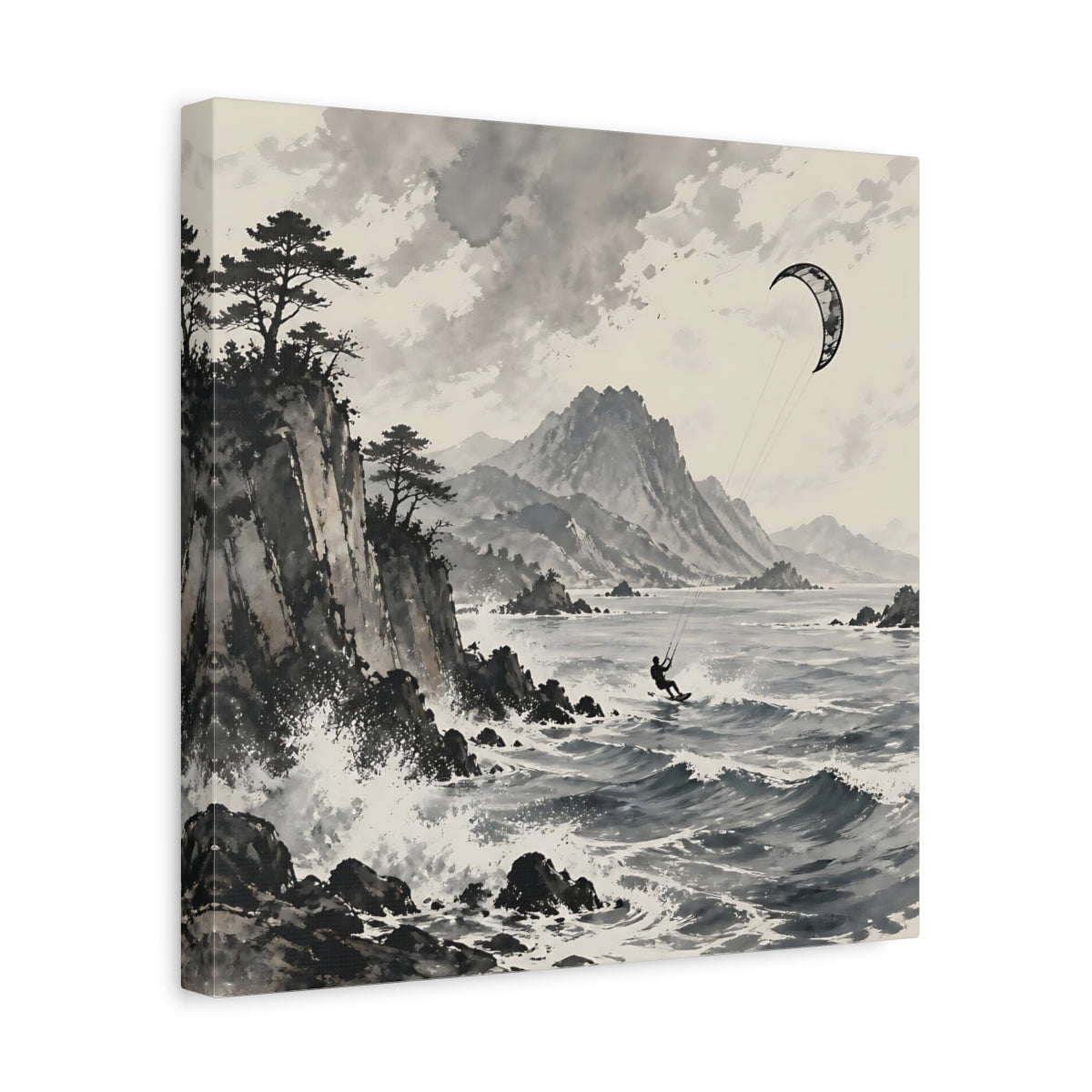 Side Mockup 7. Nature Kitesurfer Grey And Black shown as stretched canvas wall art