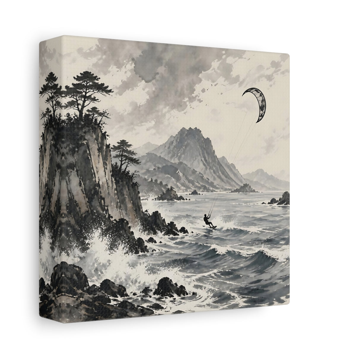 Side Mockup 2. Nature Kitesurfer Grey And Black shown as stretched canvas wall art