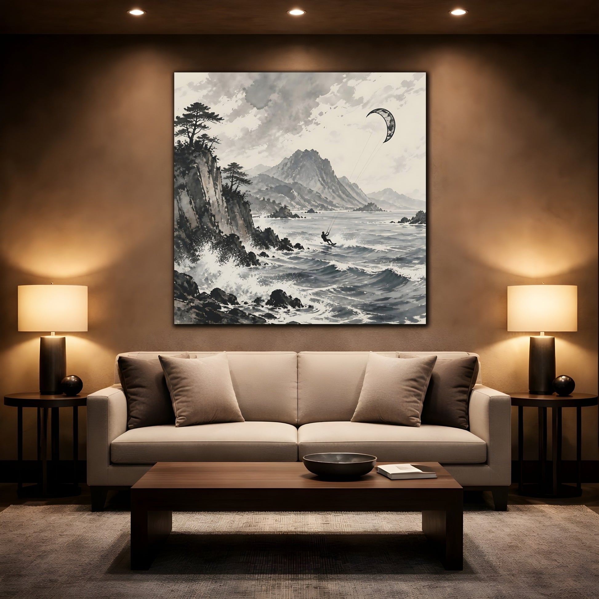 Mockup 2. Nature Kitesurfer Grey And Black shown as stretched canvas wall art