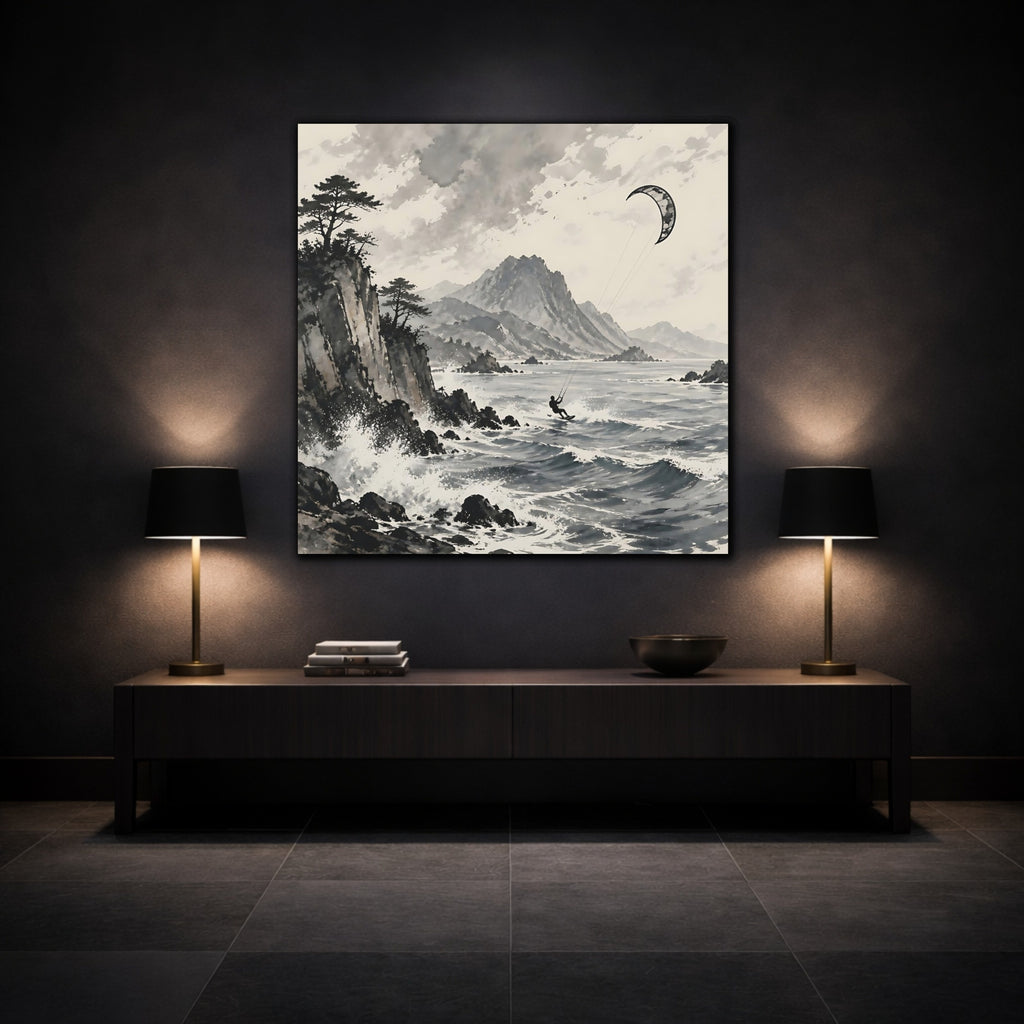 Mockup 3. Nature Kitesurfer Grey And Black shown as stretched canvas wall art