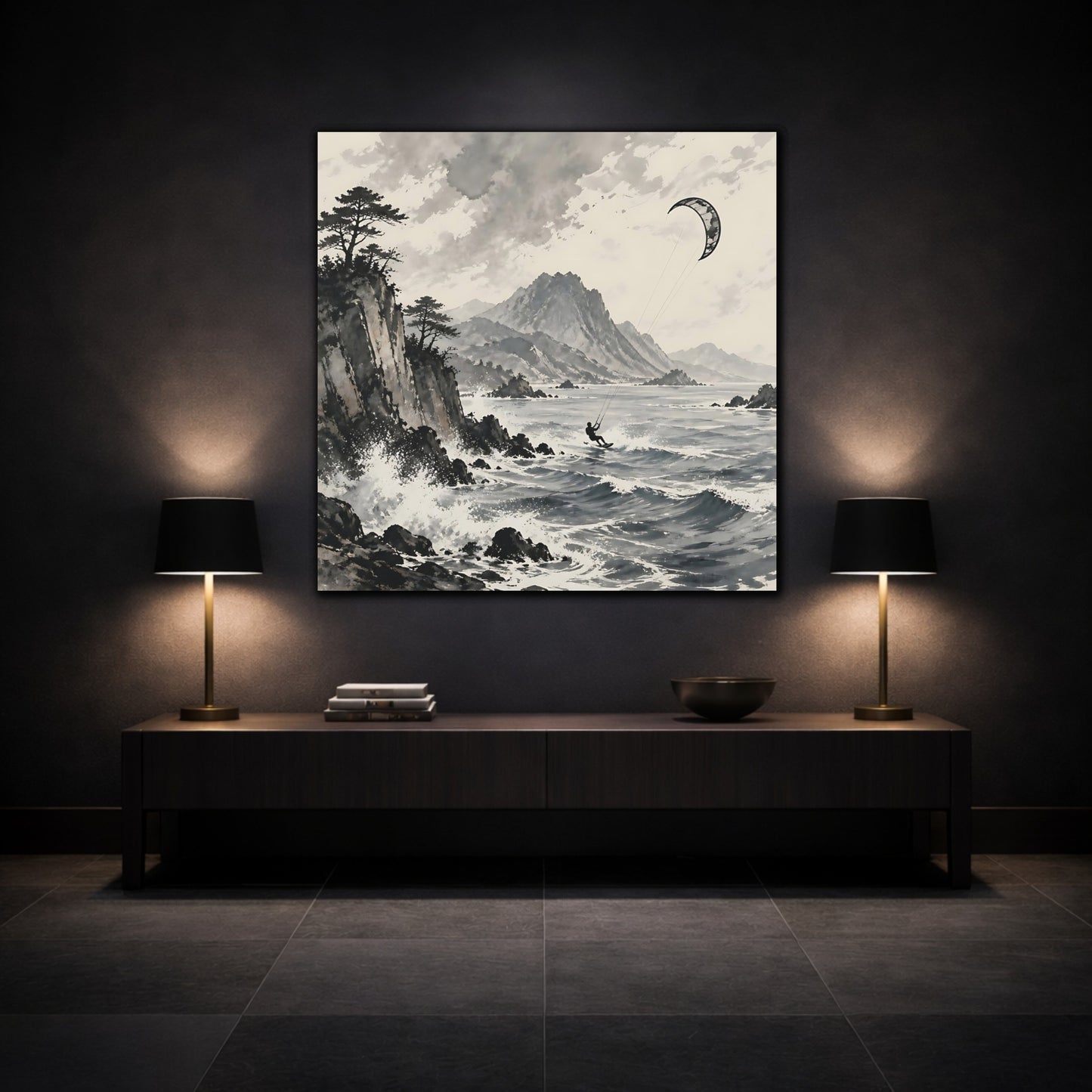Mockup 3. Nature Kitesurfer Grey And Black shown as stretched canvas wall art