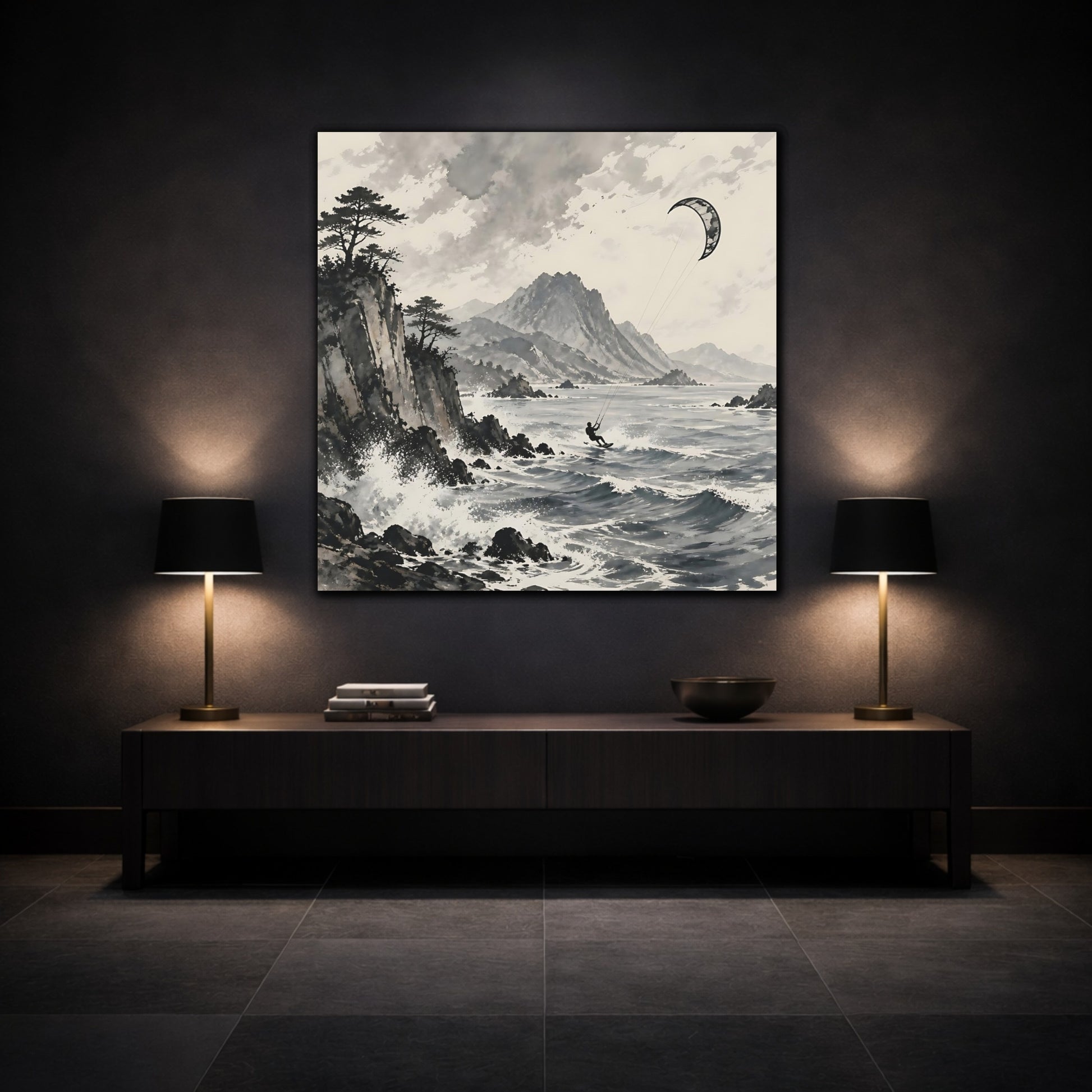 Mockup 3. Nature Kitesurfer Grey And Black shown as stretched canvas wall art