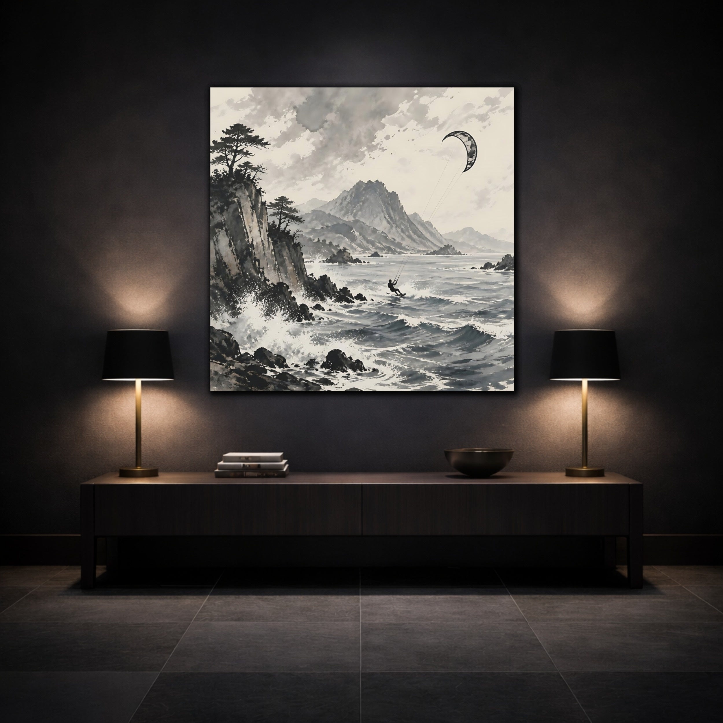 Mockup 3. Nature Kitesurfer Grey And Black shown as stretched canvas wall art