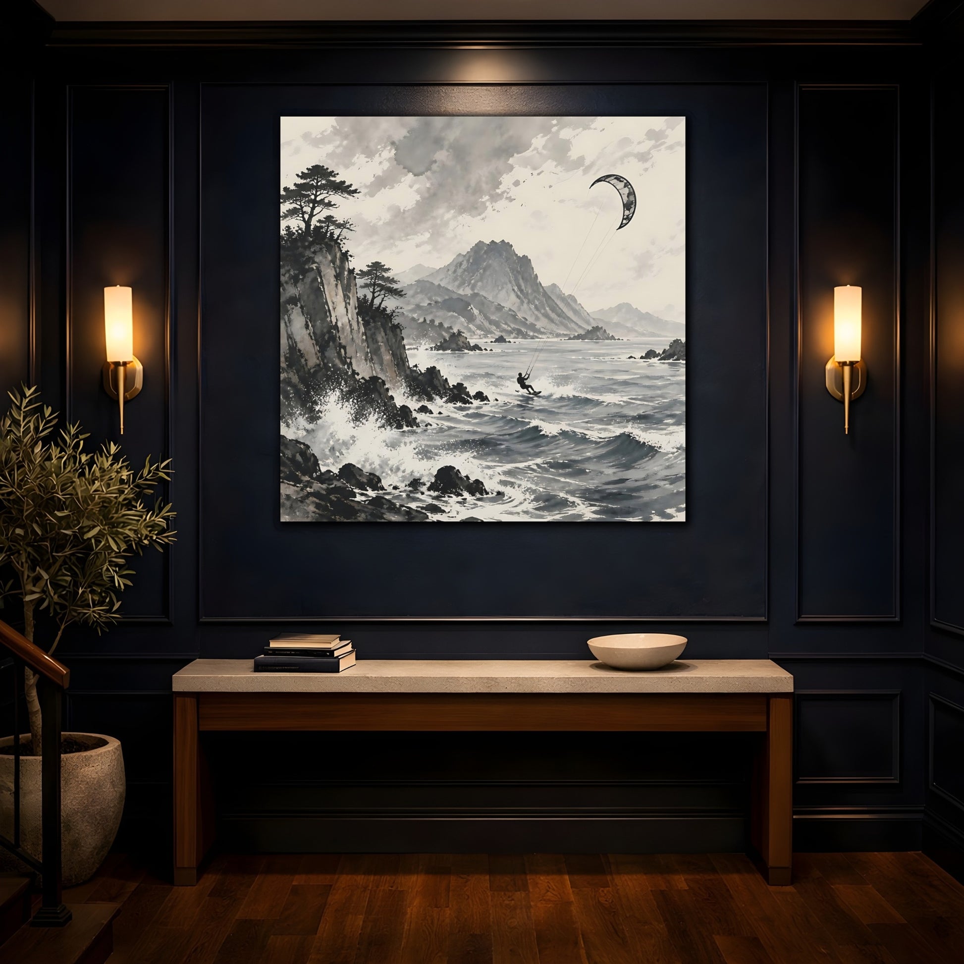 Mockup 4. Nature Kitesurfer Grey And Black shown as stretched canvas wall art