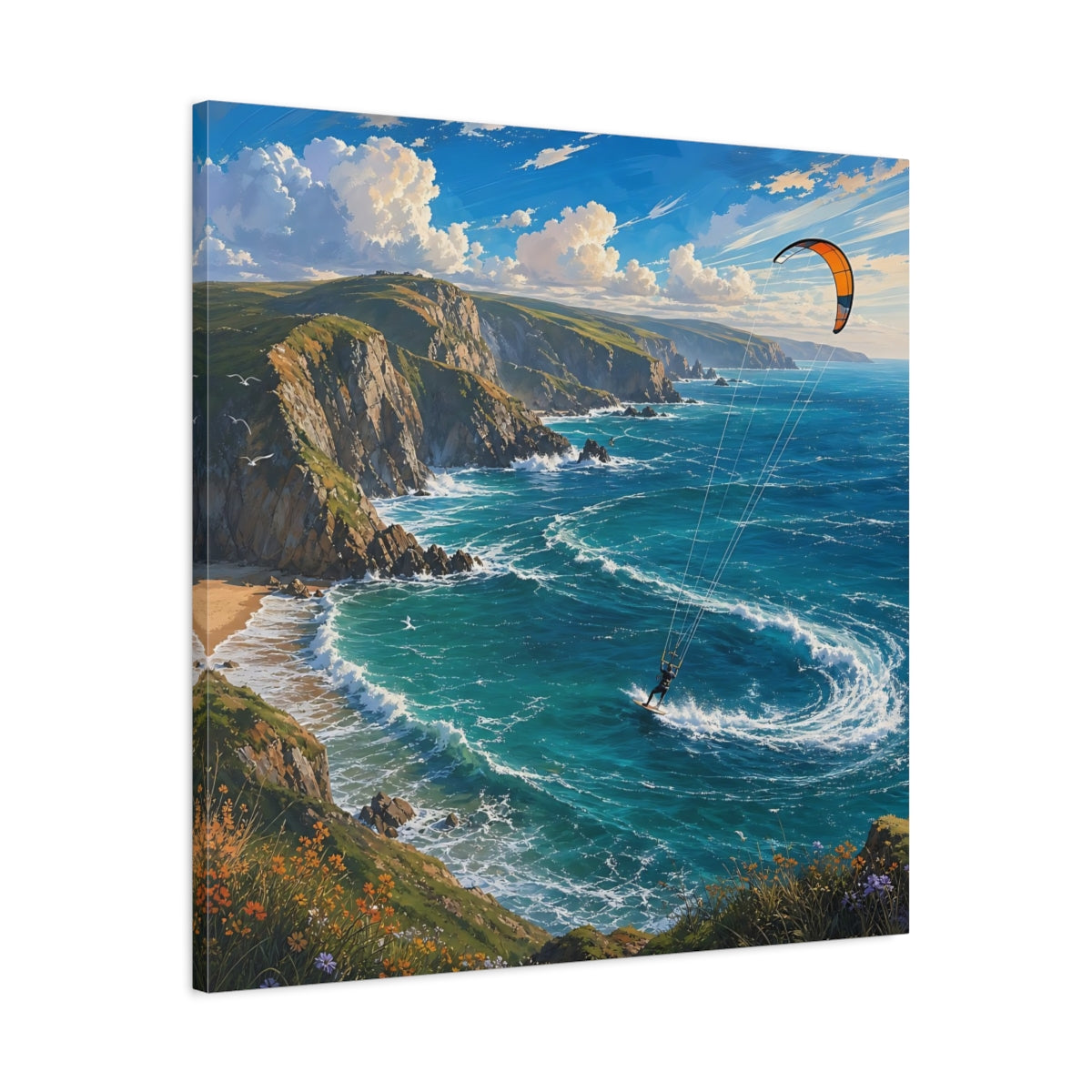Side Mockup 3. Nature Kitesurfing Blue Ocean Kitesurfing shown as stretched canvas wall art
