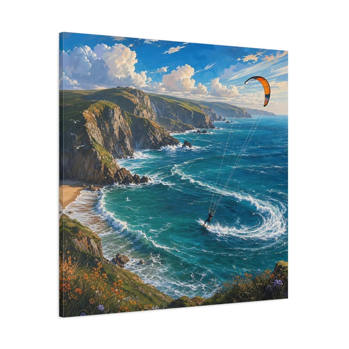 Side Mockup 1. Nature Kitesurfing Blue Ocean Kitesurfing shown as stretched canvas wall art