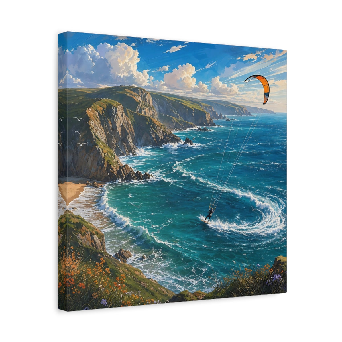 Side Mockup 6. Nature Kitesurfing Blue Ocean Kitesurfing shown as stretched canvas wall art