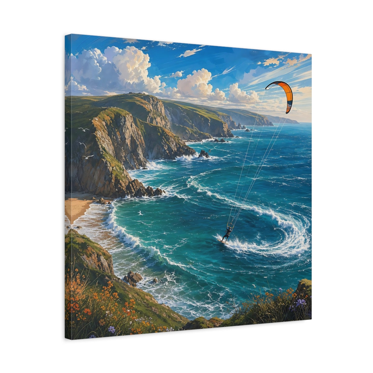 Side Mockup 4. Nature Kitesurfing Blue Ocean Kitesurfing shown as stretched canvas wall art
