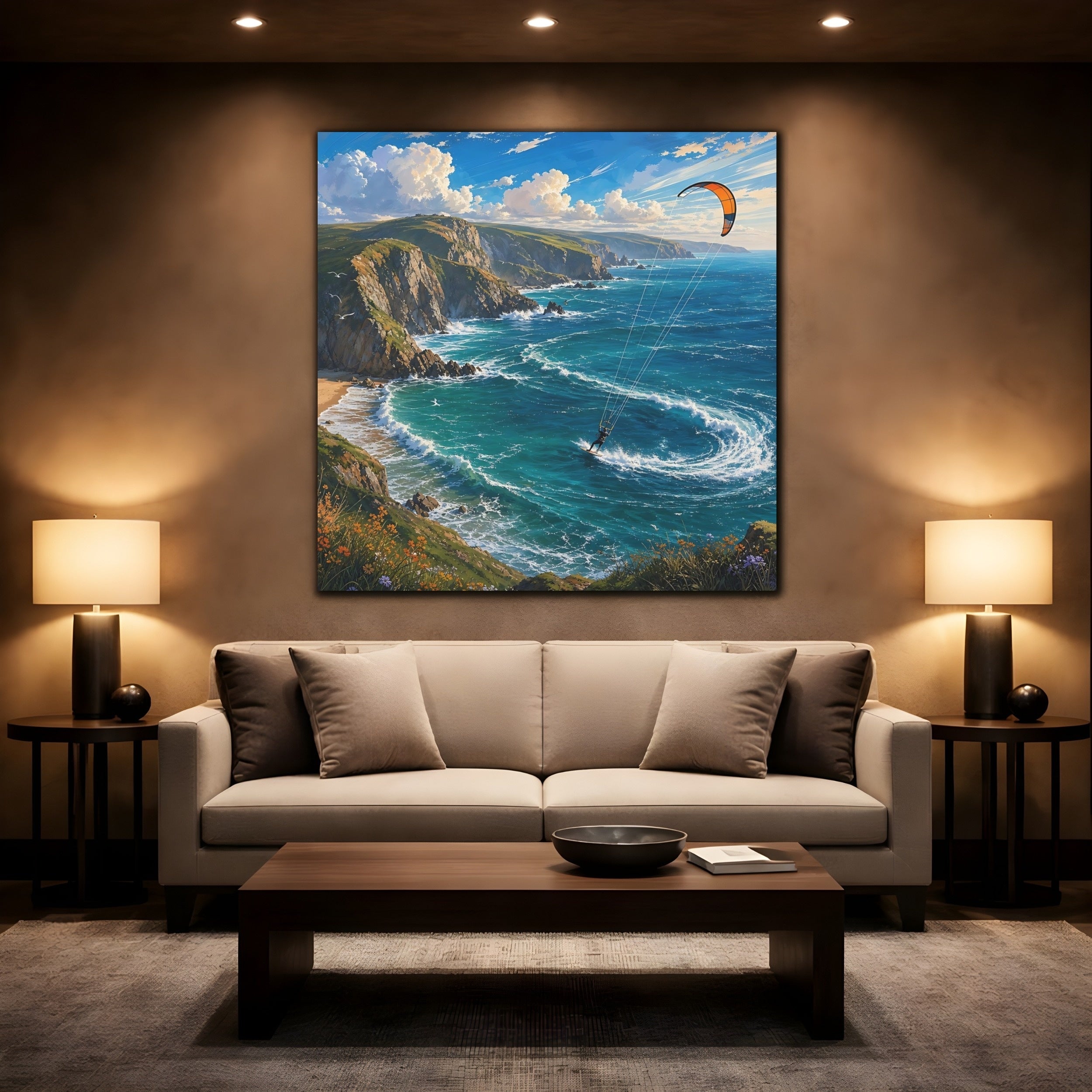 Mockup 2. Nature Kitesurfing Blue Ocean Kitesurfing shown as stretched canvas wall art