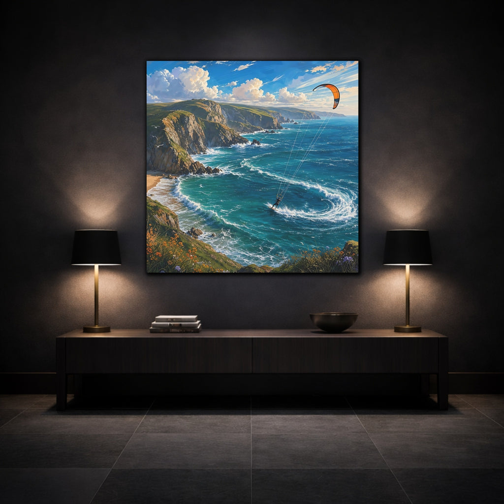 Mockup 3. Nature Kitesurfing Blue Ocean Kitesurfing shown as stretched canvas wall art