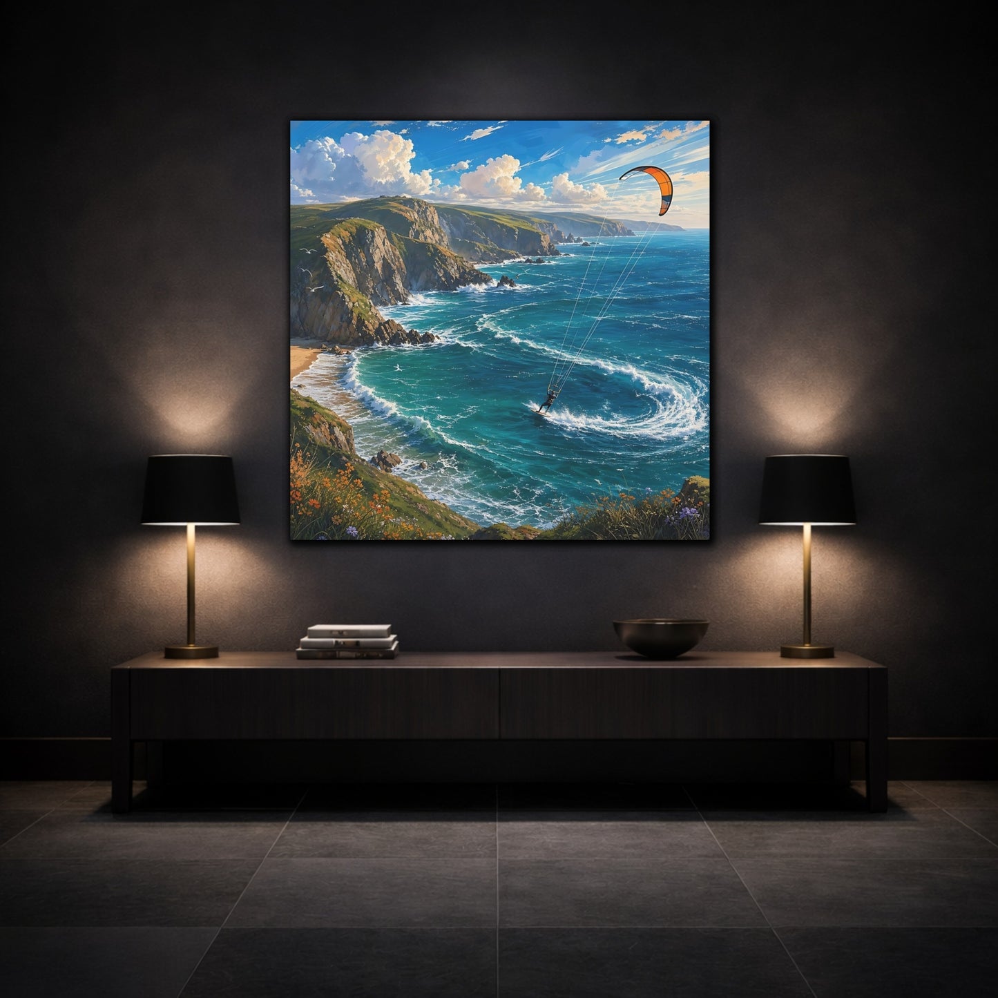 Mockup 3. Nature Kitesurfing Blue Ocean Kitesurfing shown as stretched canvas wall art