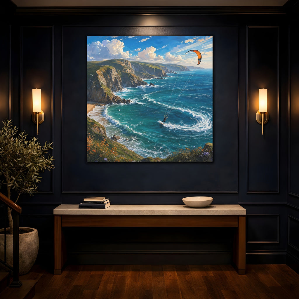 Mockup 4. Nature Kitesurfing Blue Ocean Kitesurfing shown as stretched canvas wall art