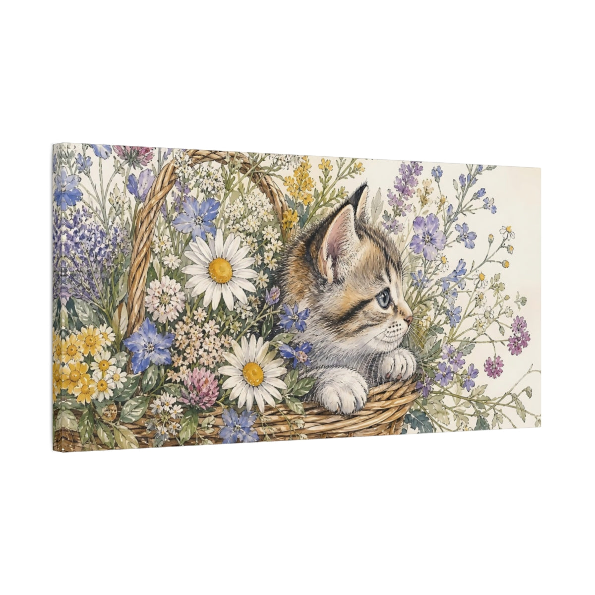 Side Mockup 1. Nature Kitten Kitten Floral Art shown as stretched canvas wall art