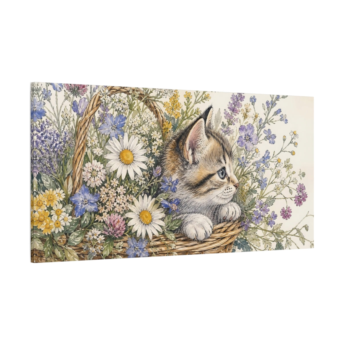 Side Mockup 2. Nature Kitten Kitten Floral Art shown as stretched canvas wall art
