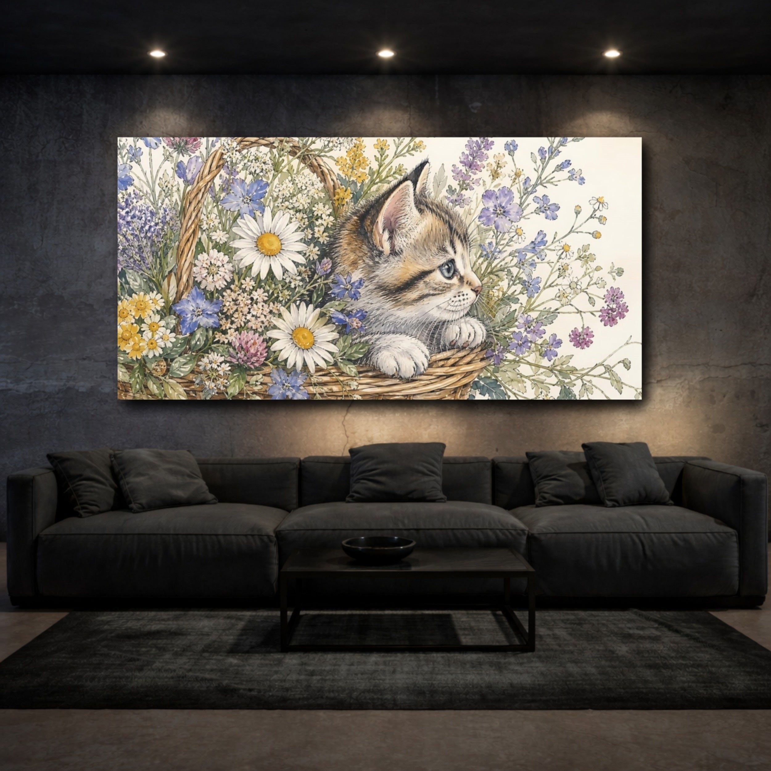 Mockup 3. Nature Kitten Kitten Floral Art shown as stretched canvas wall art