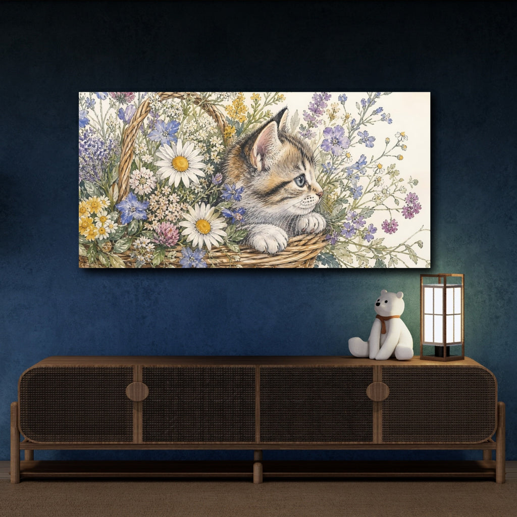 Mockup 4. Nature Kitten Kitten Floral Art shown as stretched canvas wall art