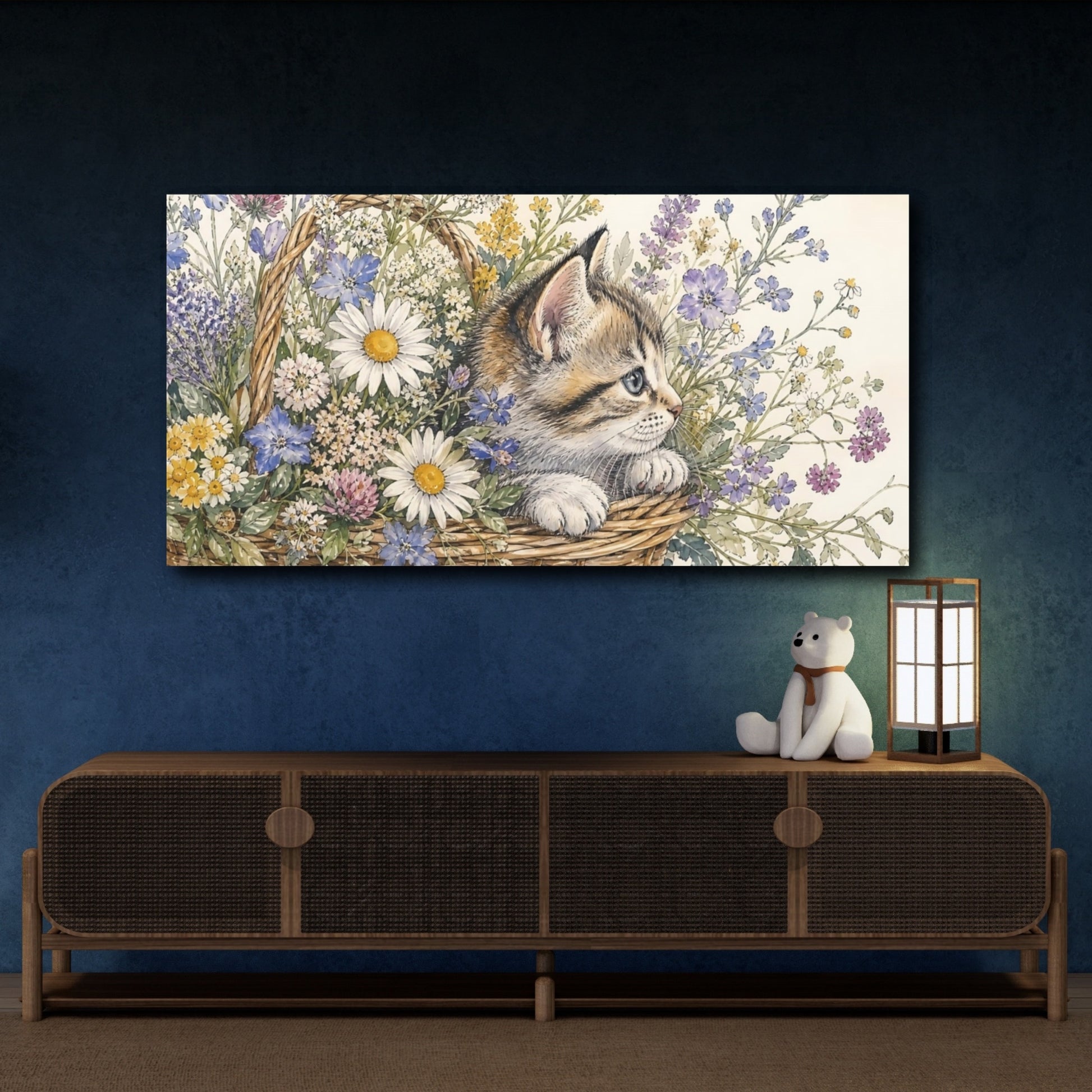Mockup 4. Nature Kitten Kitten Floral Art shown as stretched canvas wall art