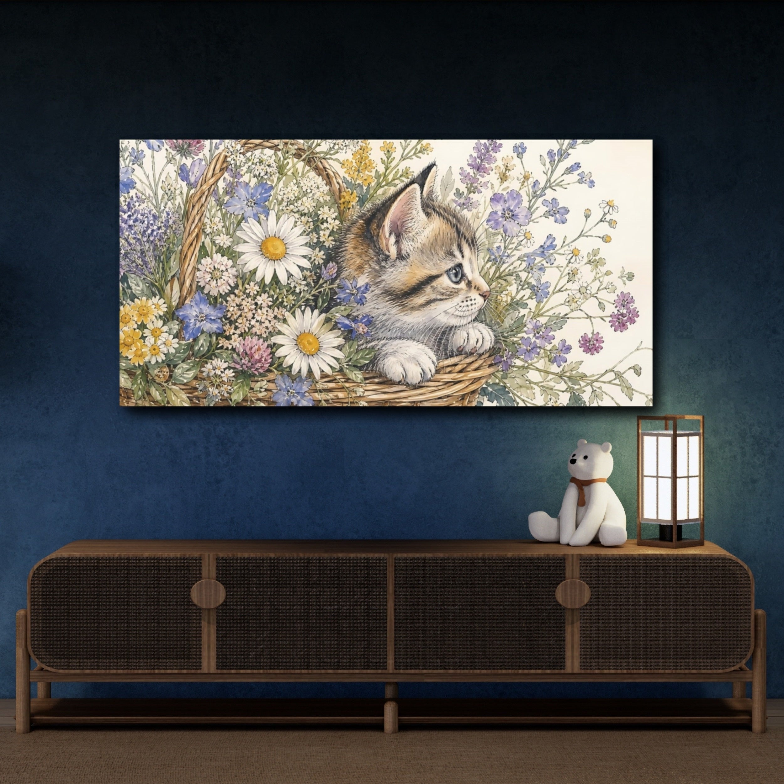 Mockup 4. Nature Kitten Kitten Floral Art shown as stretched canvas wall art