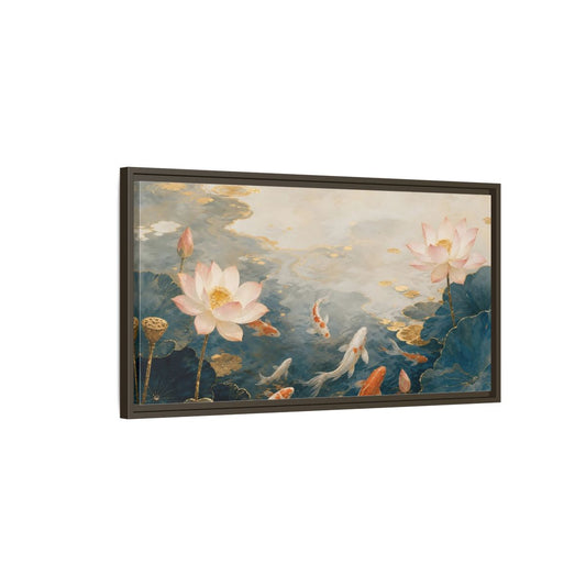 Main Mockup. Nature Koi And Lotus Blue And Gold Koi shown as stretched canvas wall art