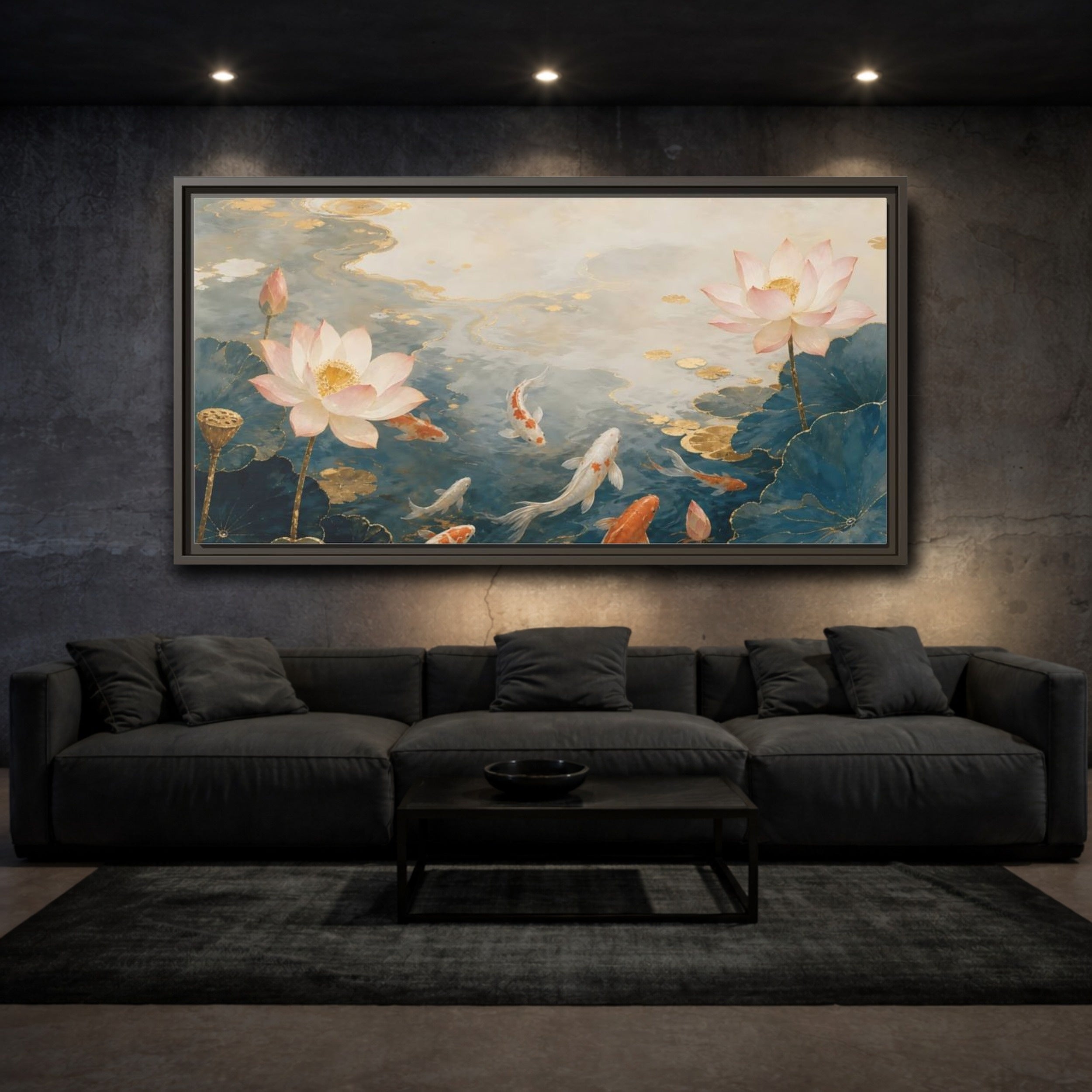 Mockup 2. Nature Koi And Lotus Blue And Gold Koi shown as stretched canvas wall art