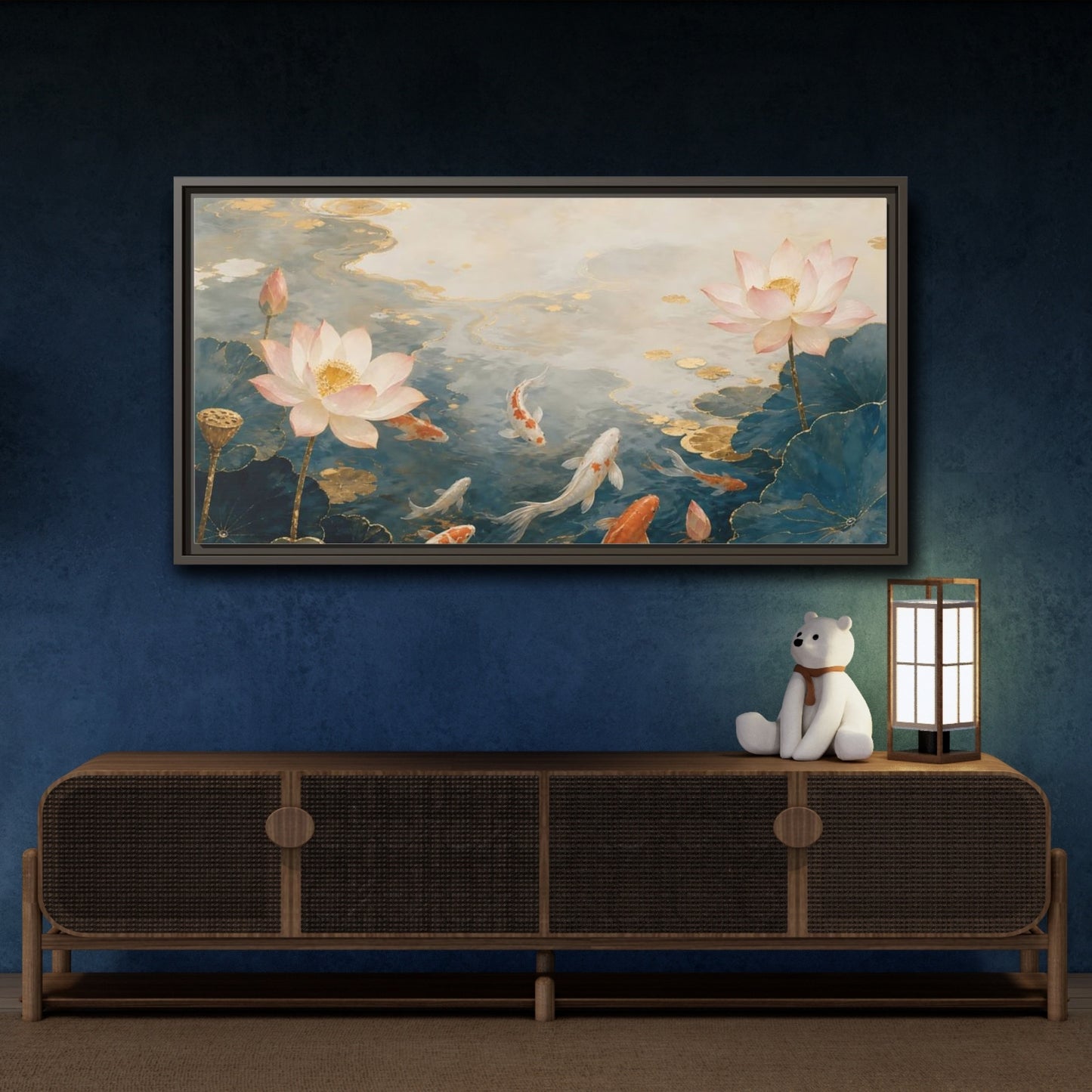 Mockup 4. Nature Koi And Lotus Blue And Gold Koi shown as stretched canvas wall art