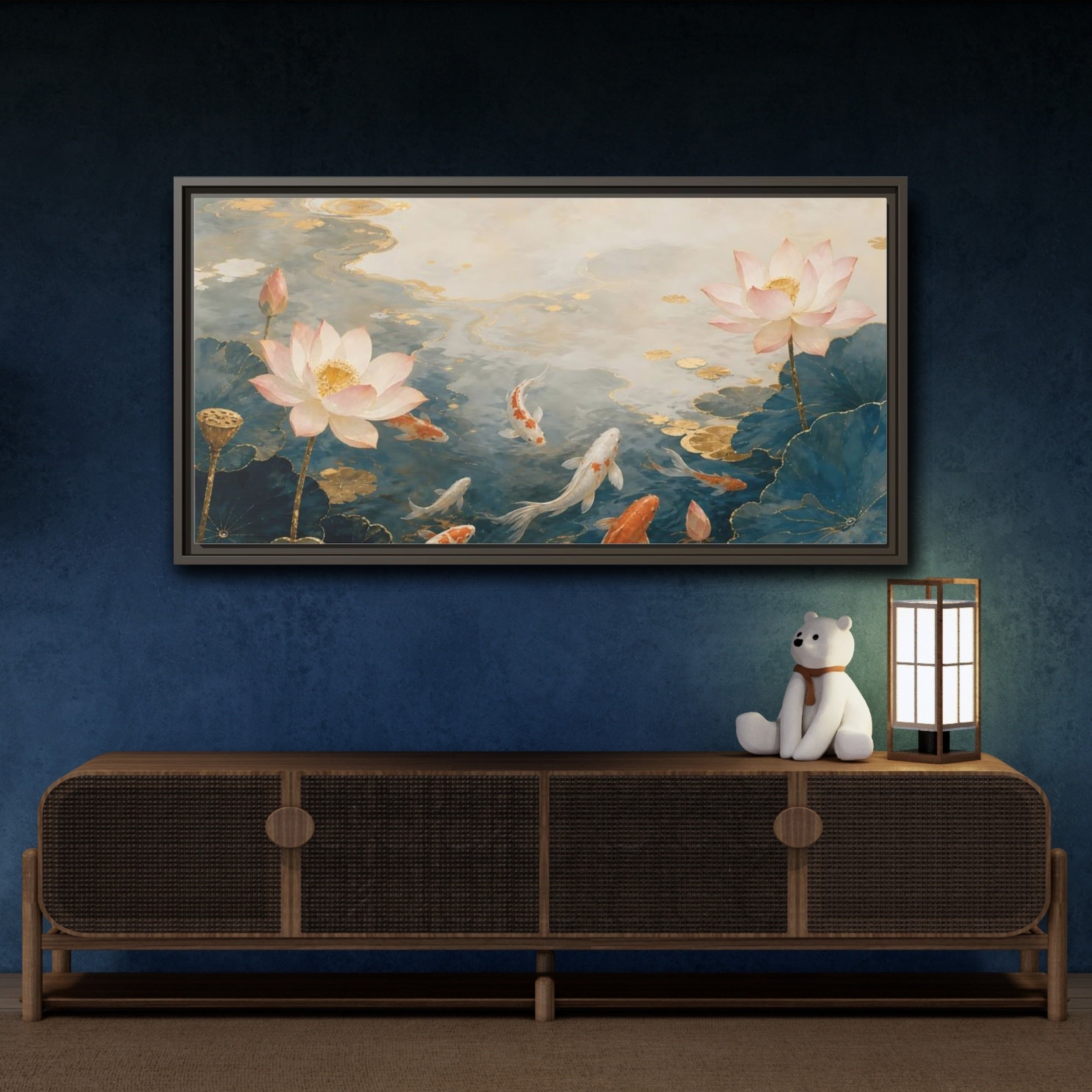 Mockup 4. Nature Koi And Lotus Blue And Gold Koi shown as stretched canvas wall art