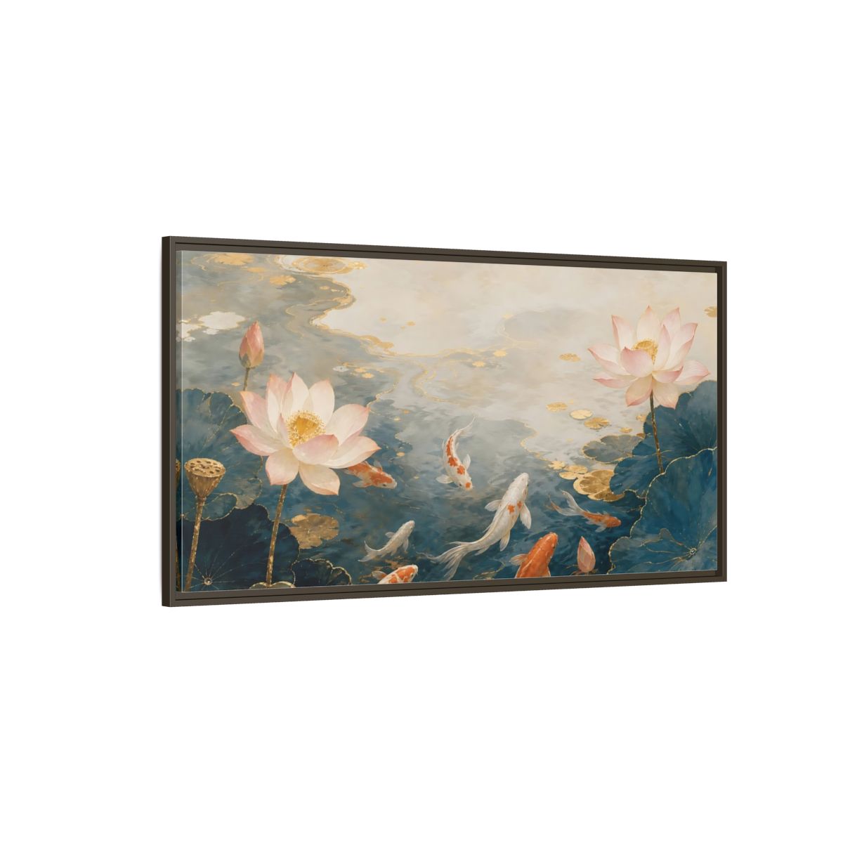 Side Mockup 4. Nature Koi And Lotus Blue And Gold Koi shown as stretched canvas wall art
