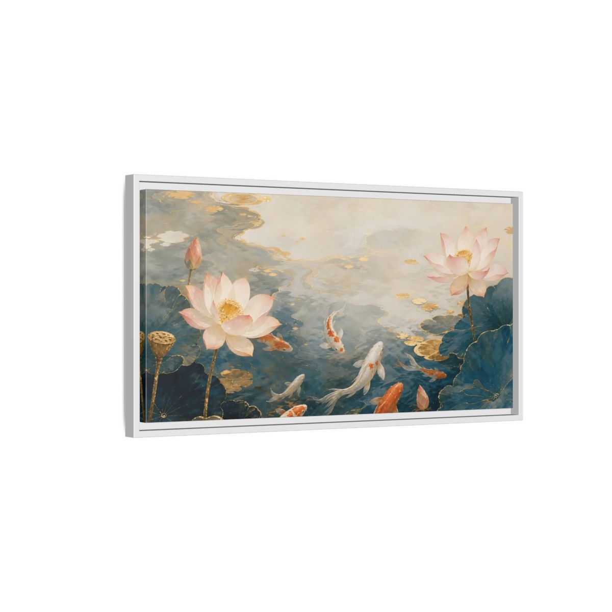 Side Mockup 1. Nature Koi And Lotus Blue And Gold Koi shown as stretched canvas wall art