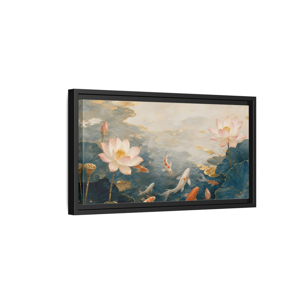 Side Mockup 8. Nature Koi And Lotus Blue And Gold Koi shown as stretched canvas wall art