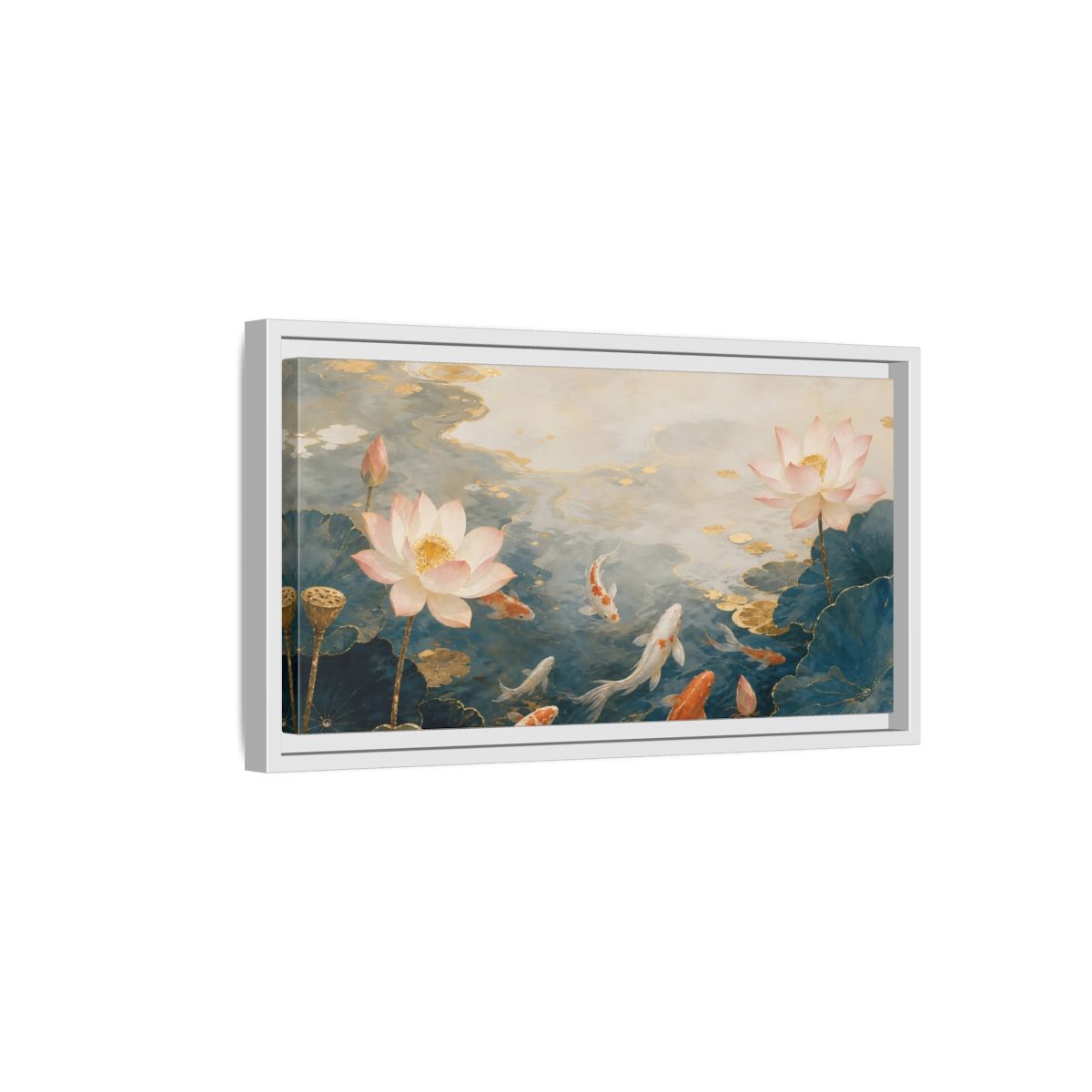 Side Mockup 6. Nature Koi And Lotus Blue And Gold Koi shown as stretched canvas wall art