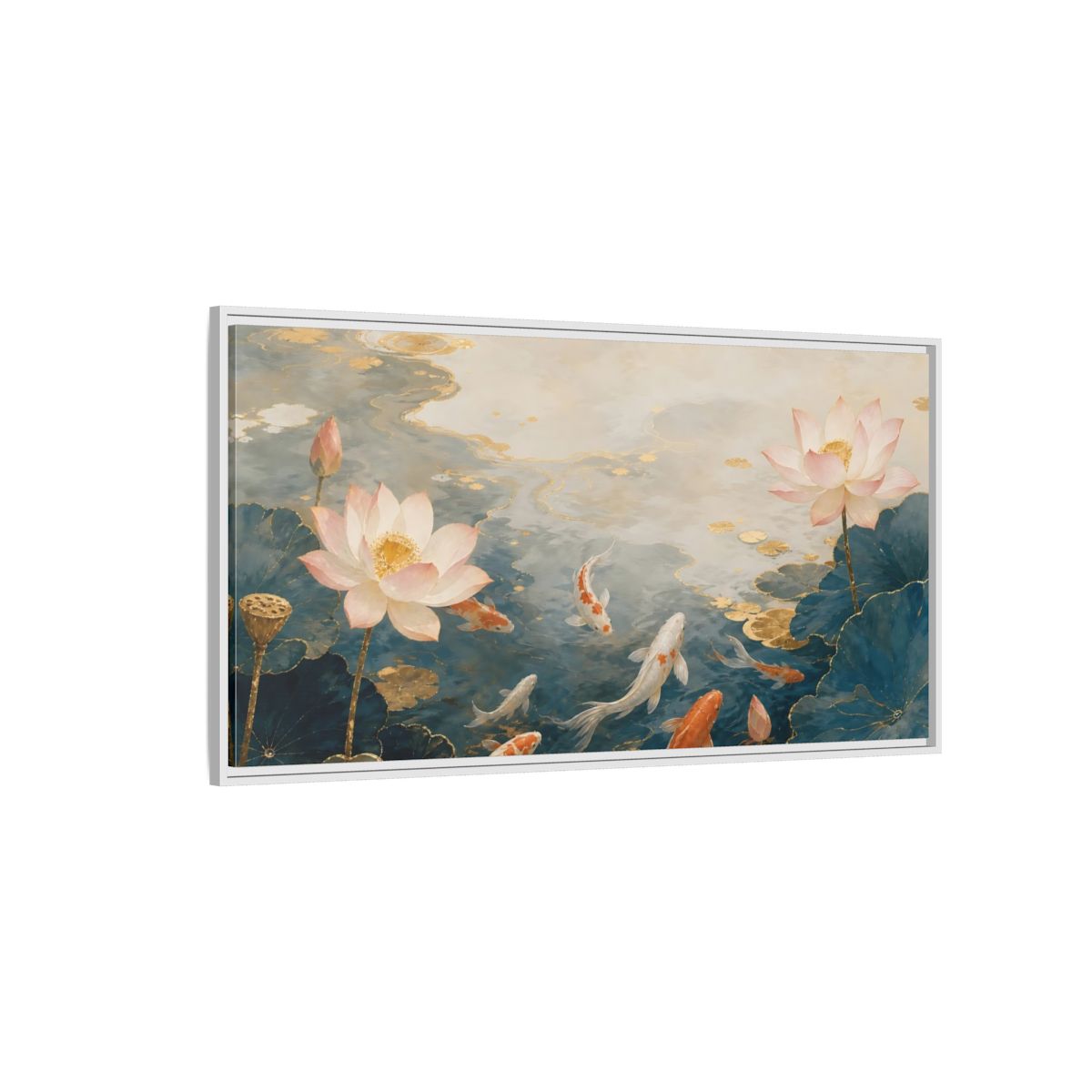 Side Mockup 3. Nature Koi And Lotus Blue And Gold Koi shown as stretched canvas wall art