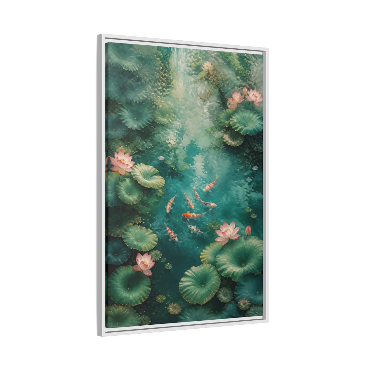 Side Mockup 9. Nature Koi Fish Green And Pink Lotus shown as stretched canvas wall art