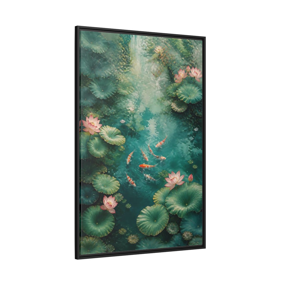 Side Mockup 12. Nature Koi Fish Green And Pink Lotus shown as stretched canvas wall art