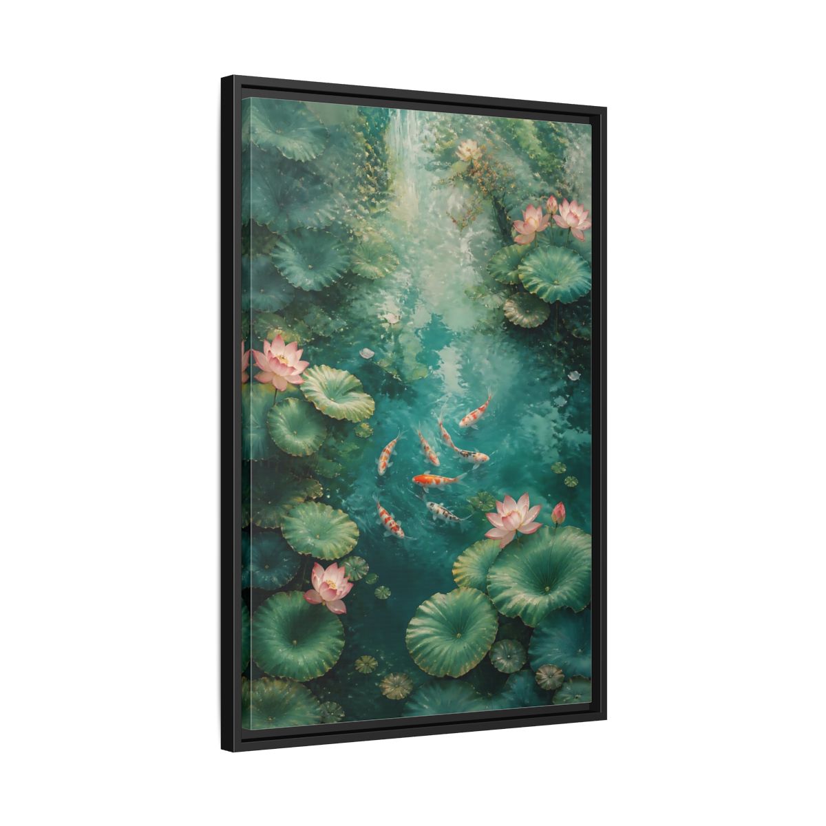Side Mockup 14. Nature Koi Fish Green And Pink Lotus shown as stretched canvas wall art