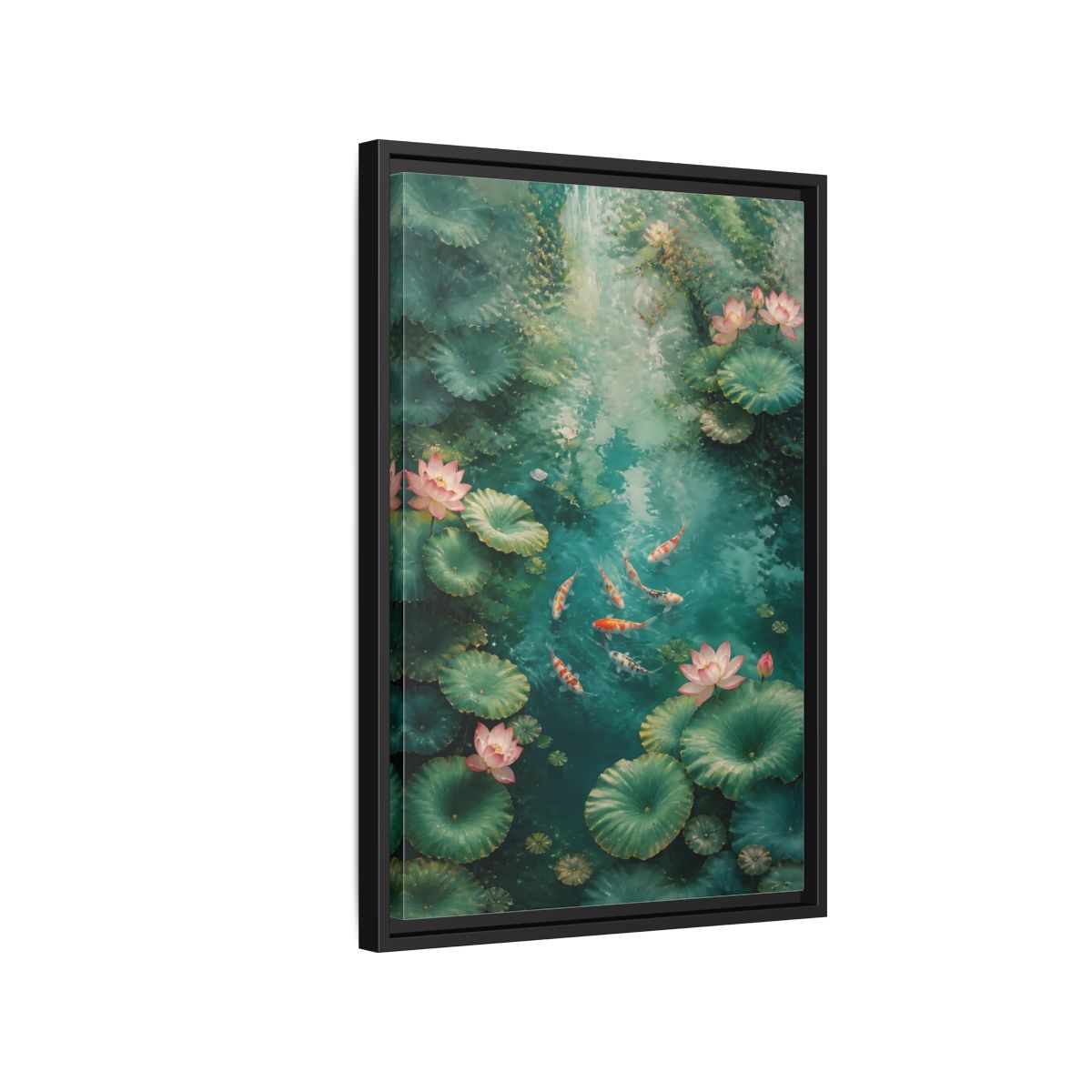 Side Mockup 3. Nature Koi Fish Green And Pink Lotus shown as stretched canvas wall art