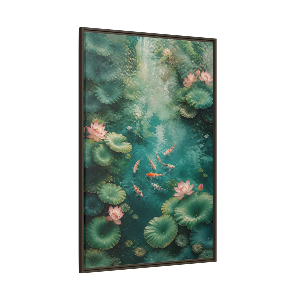 Side Mockup 8. Nature Koi Fish Green And Pink Lotus shown as stretched canvas wall art