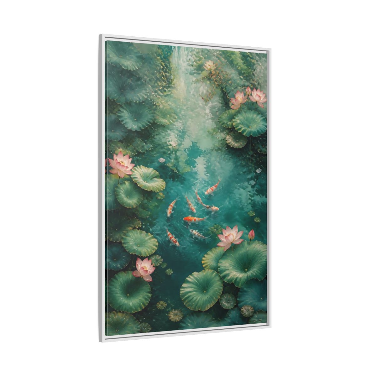 Side Mockup 7. Nature Koi Fish Green And Pink Lotus shown as stretched canvas wall art
