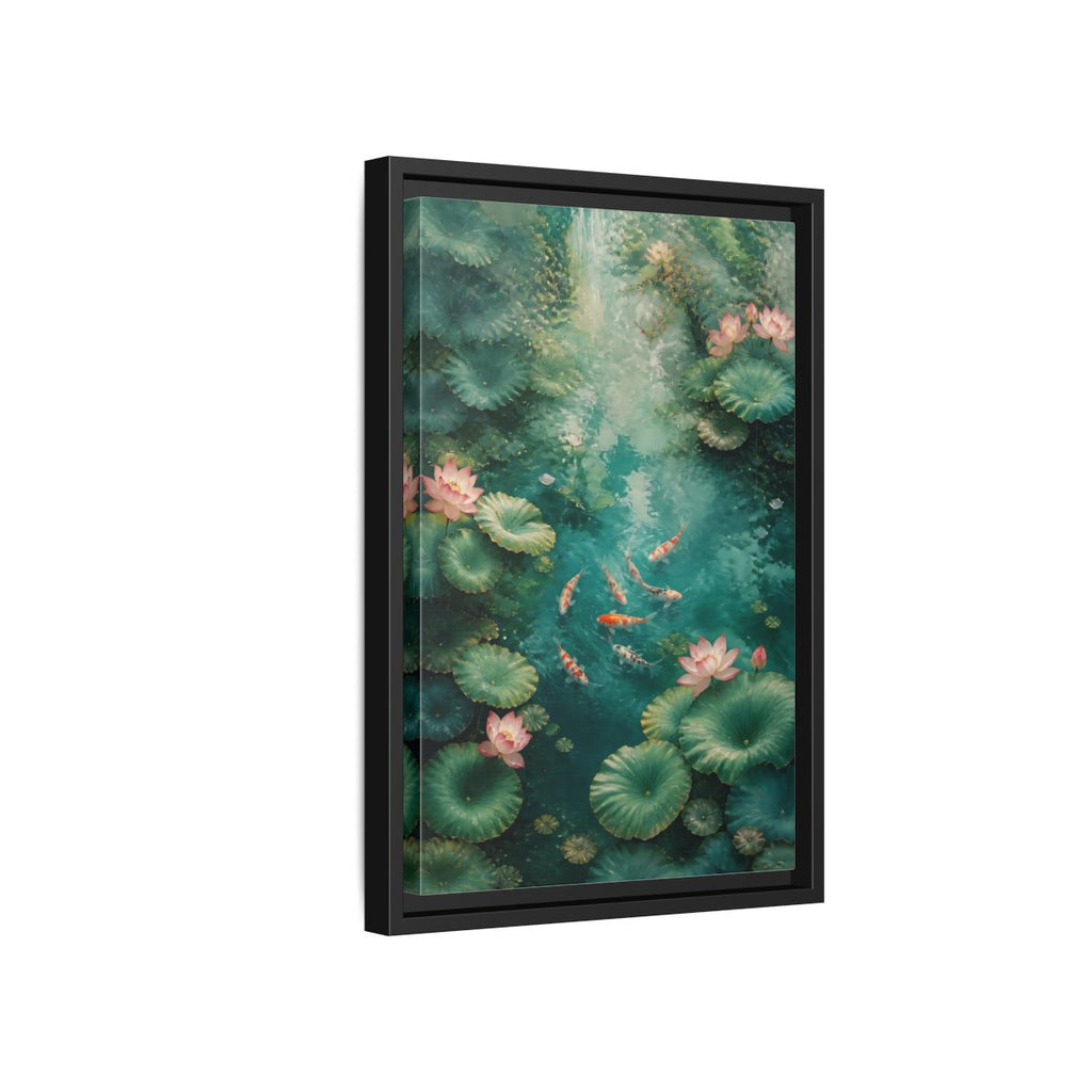 Side Mockup 6. Nature Koi Fish Green And Pink Lotus shown as stretched canvas wall art
